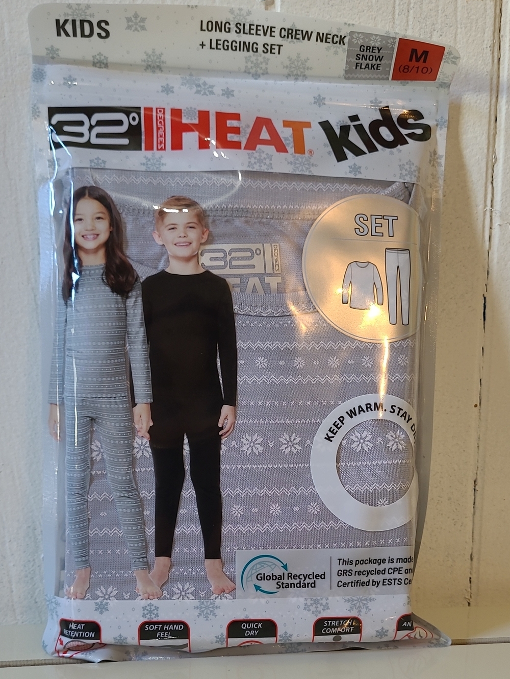 32 Degrees Kids Medium Long Sleeve Crew Neck + Legging Pajama Set - Grey & White